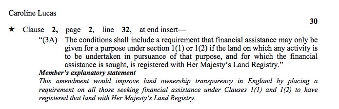 Land ownership remains a dark secret in England: lots of land remains unregistered. whoownsengland.org/2016/11/27/eng… So it's ace that @CarolineLucas has tabled this amendment to the Agriculture Bill - so that landowners who get subsidies must register their land: publications.parliament.uk/pa/bills/cbill…