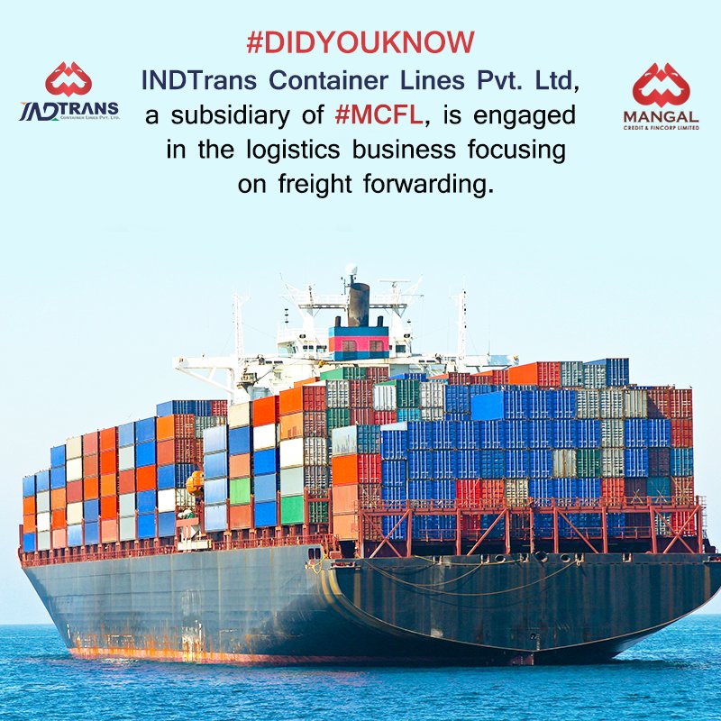 mangalfincorp's tweet photo. INDTrans Container lines was Founded in 2013, INDtrans is an associate company of Mangal Credit &amp; Fincorp Ltd, which is a Public Limited Company listed on the Bombay Stock Exchange (BSE).
For more details visit: https://t.co/cHhF2uhTav
#MCFL #nbfc #INDtransContainerLines https://t.co/63KSYKSudU