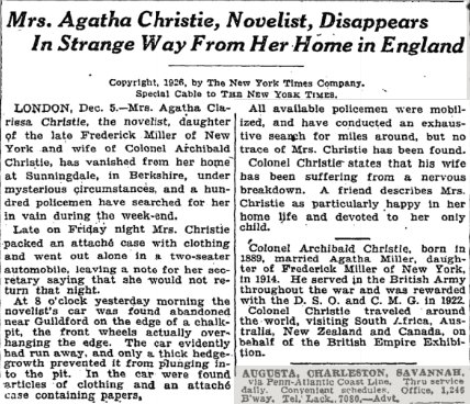 nytimesbooks's tweet photo. From our archives, 12/5/1926: Agatha Christie disappears https://t.co/N7541CQBxJ