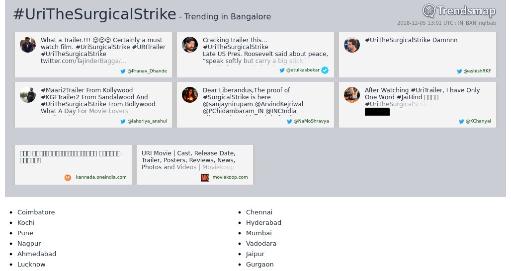 #urithesurgicalstrike is now trending in #Bangalore

trendsmap.com/r/IN_BAN_nqfbab