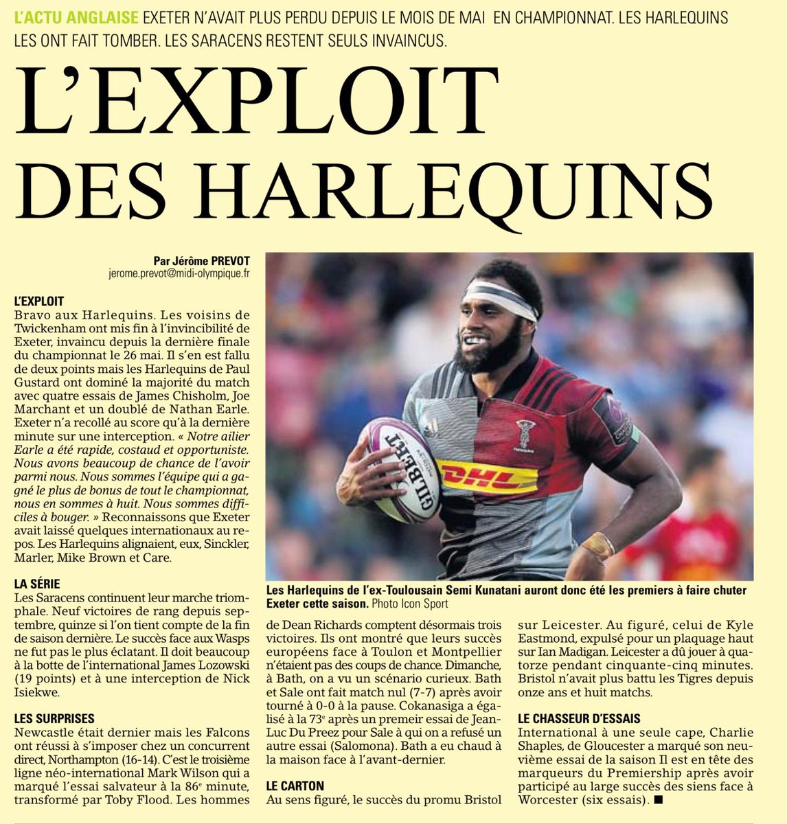 DigidustSport's tweet photo. Highlight on #SemiKunatani in @midi_olympique, in a nice article related to the @Harlequins who overcame Exeter's invincibility this weekend!
#DigidustFamily #Rugby https://t.co/h6gN7PHBLq