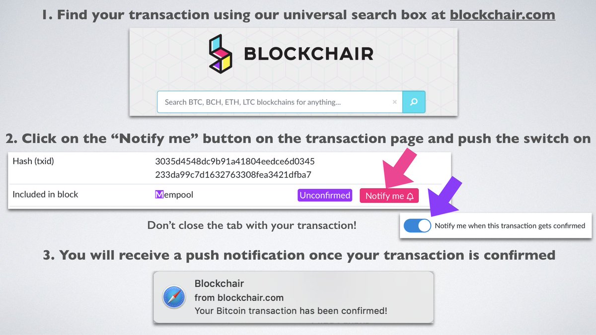 Blockchair gets better every day! Waiting for your transaction to get confirmed? Try out our Notifications! Just push the button and receive a push notification once your transaction gets into a block! 🤘 (Works with $BTC, $BCH, and $LTC in modern browsers)