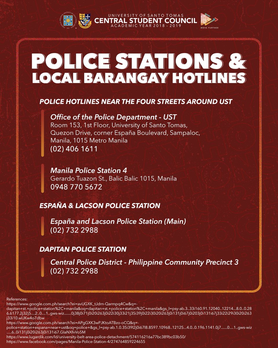 Thomasians, always be aware of your surroundings and stay vigilant. 

Share these safety tips with your blockmates, friends and family and take note of the locations and hotlines of Police Stations and Local Barangay. 

#CSCMoveFurther