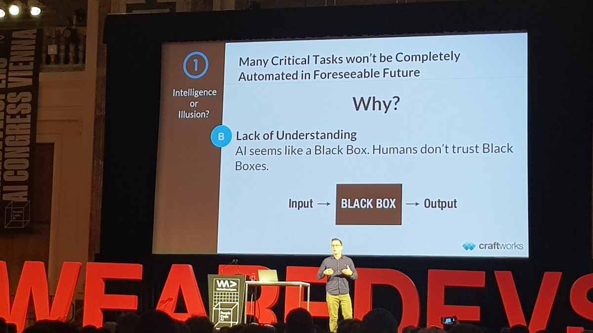 KitiSt's tweet photo. Humans don't trust black boxes. So, AI is limited because of humans, but we can do the intermediate step before: Augmented Intelligence. Bring humans in. #craftworks #augmentedintelligence #ArtificialIntelligence #WeAreDevs #buildingthefuture https://t.co/DhXc7duFEf