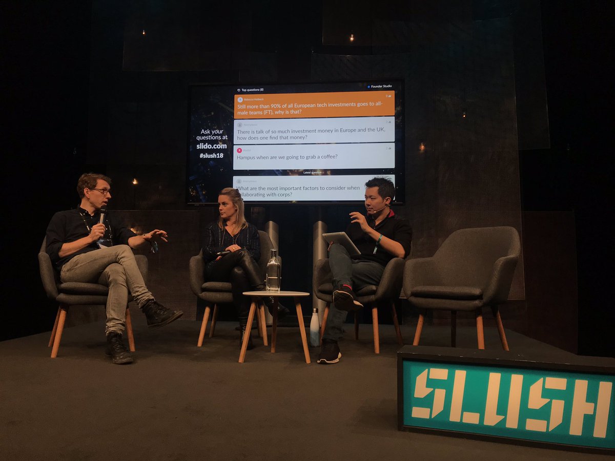 Listening to <a href="/hajak/">Hampus Jakobsson</a> and <a href="/sophiabendz/">Sophia Bendz</a> at #slush18 keeping it real with their thoughts and chuckling that third question on the screen.