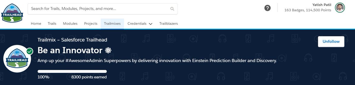 Completed the Trailmix of Be An Innovator. It's fun doing such kind of challenges because with the urge to complete the challenge we learn many new things.  #BeAnInnovator  #AwesomeAdmin <a href="/SalesforceAdmns/">Salesforce Admins</a> <a href="/SalesforceDevs/">Salesforce Developers</a> #TrailheadQuests #TrailheadQuest #NovemberLearnAndEarn