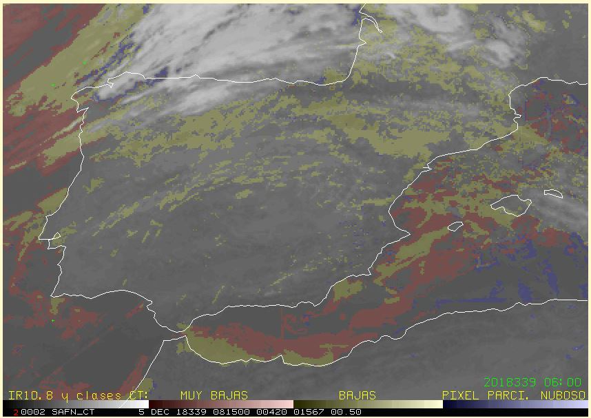 AEMET_SINOBAS's tweet photo. Imagen 08:15 UTC #CloudType @Nowcasting_SAF. Coloreados, estratos y #nieblas, de radiación en el interior y de advección en el Mediterráneo. Aprende más con nuestro #MeteoGlosario, https://t.co/UhjTze1MQC, https://t.co/7AIspb2HwP, https://t.co/23X1QOxNps https://t.co/7Vn5utekAZ