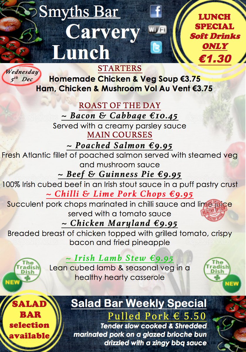 SmythsIcon's tweet photo. Todays carvery menu at smyths bar https://t.co/1OETkPtu8W