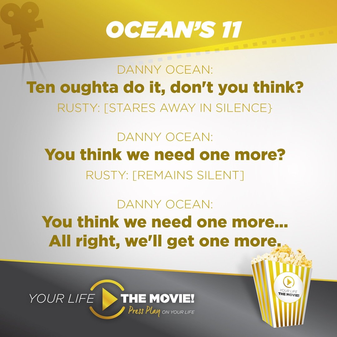 YourLifeMovie's tweet photo. You think we need one more..? Oceans 11. One of the best heist movies ever and what a cast!?! Pitt, Clooney, Damon, Roberts, Garcia, Affleck, Cheadle... Yatzee!!!! https://t.co/1C4bpYcKMM