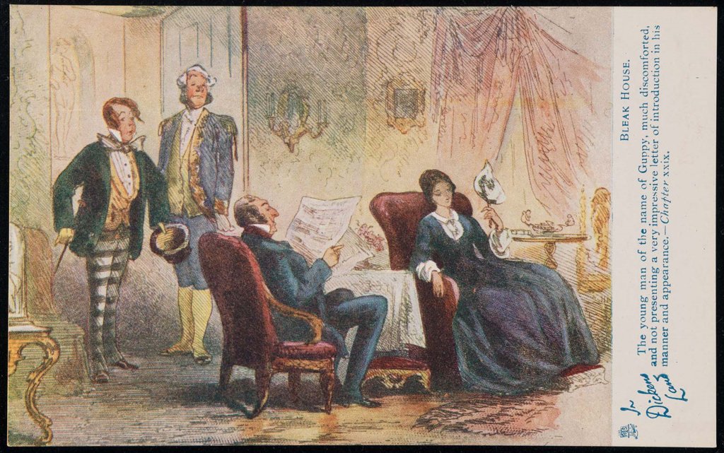 w_guppy's tweet photo. Colour postcard from around 1904 taken from Hablot Knight Browne's illustration for Bleak House. "The young man of the name of Guppy, much discomforted, and not presenting a very impressive letter of introduction in his manner and appearance - Chapter xxix" #ORDD https://t.co/KO5yibGMrv