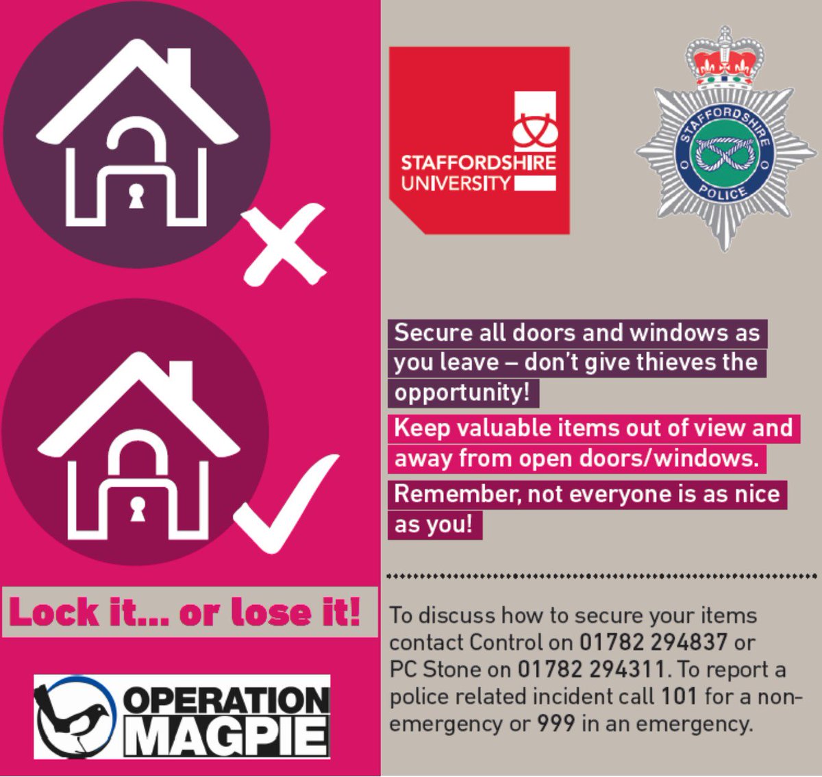 StaffsUniPolice's tweet photo. Going to @StaffsUnion #LRV this evening ??
If so, check that you've locked your doors !!
Keep you valuables out of view, don't let the thieving magpies take them.
#OpMagpie #StudentSafety #LockItDontLoseIT #keepyourdoorslocked #BeSafe
@PoliceShelton #CampusControl
#PoliceLiaison https://t.co/SSld9InqSO