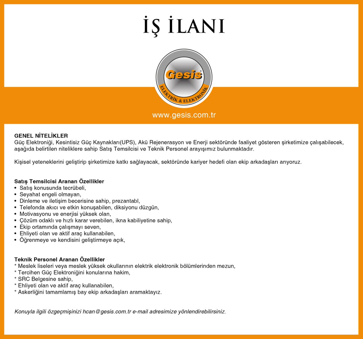 Aramıza Katılacak Takım Arkadaşları Arıyoruz..
gesis.com.tr