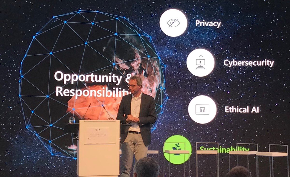 Renewable_Bruce's tweet photo. Microsoft are committed to powering all data centres with renewable energy.  And prioritising data privacy, cyber security, ethics and sustainability key to the role out of their Artificial Intelligence strategy ⁦@aizowiebenga⁩ at #DigitalSolarStorage event #RESource2018 https://t.co/swv3p7pV8y