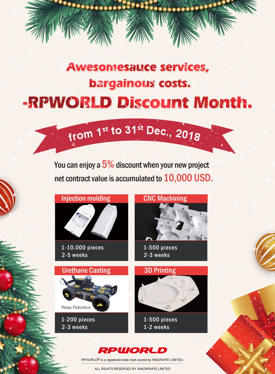 Ann58183456's tweet photo. Dec. is RPWORLD Discount month for prototyping services. 5% OFF for your prototyping services order, including the #CNCmachining, #Injectionmolding, #3Dprinting and #Urethanecasting https://t.co/5SC0byoYx7