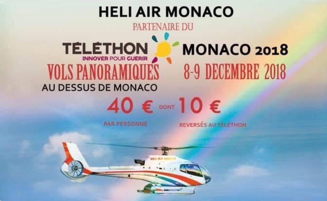 Heli Air Monaco (@heliairmonaco) on Twitter photo 🔜J-2 soutenez le #telethon2018 . Et si vous offriez un #volpanoramique en #helicoptere 🚁?
👉🏻40€ dont 10€ pour le #telethon.
Réservez en ligne ou au +377 92 050 050 #telethonmonaco #heliairmonaco #helicoptere #monaco #don <a href="/Telethon_France/">AFM-Téléthon</a> <a href="/AfmPresse/">AFM-Téléthon PRESSE</a> @telethonmonaco 🔜J-2 soutenez le #telethon2018 . Et si vous offriez un #volpanoramique en #helicoptere 🚁?
👉🏻40€ dont 10€ pour le #telethon.
Réservez en ligne ou au +377 92 050 050 #telethonmonaco #heliairmonaco #helicoptere #monaco #don <a href="/Telethon_France/">AFM-Téléthon</a> <a href="/AfmPresse/">AFM-Téléthon PRESSE</a> @telethonmonaco