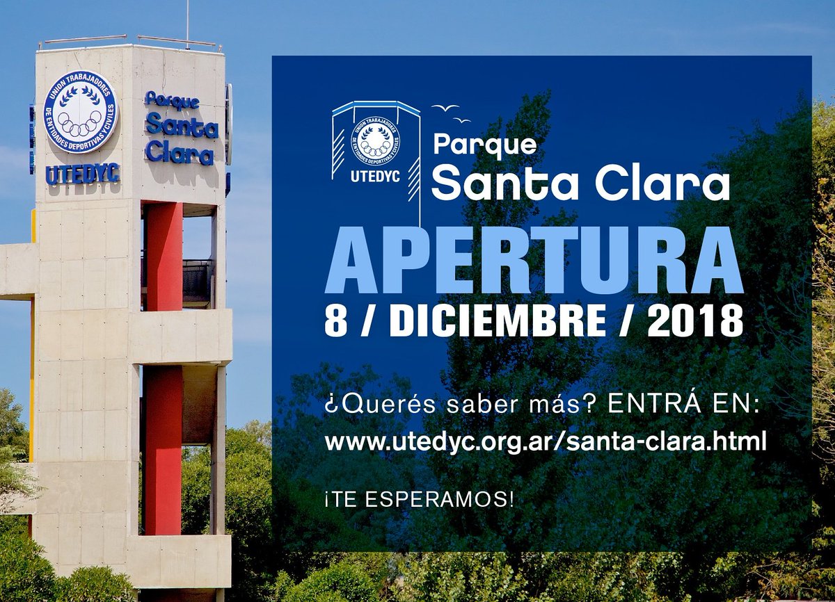 UTEDYCNacional's tweet photo. #TurismoUTEDYC
Este sábado 8 de diciembre abre sus puertas al público nuestro #ParqueSANTACLARA.
Ya están los precios en la web. Ya podes hacer tu #reserva para #dormis y #camping en cada #seccional.
¡¡¡Te esperamos!!! https://t.co/cKJXCByksX