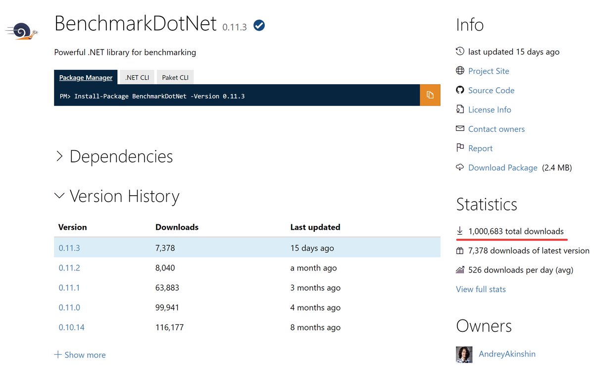 andrey_akinshin's tweet image. 1,000,000+ downloads of #BenchmarkDotNet on nuget.org