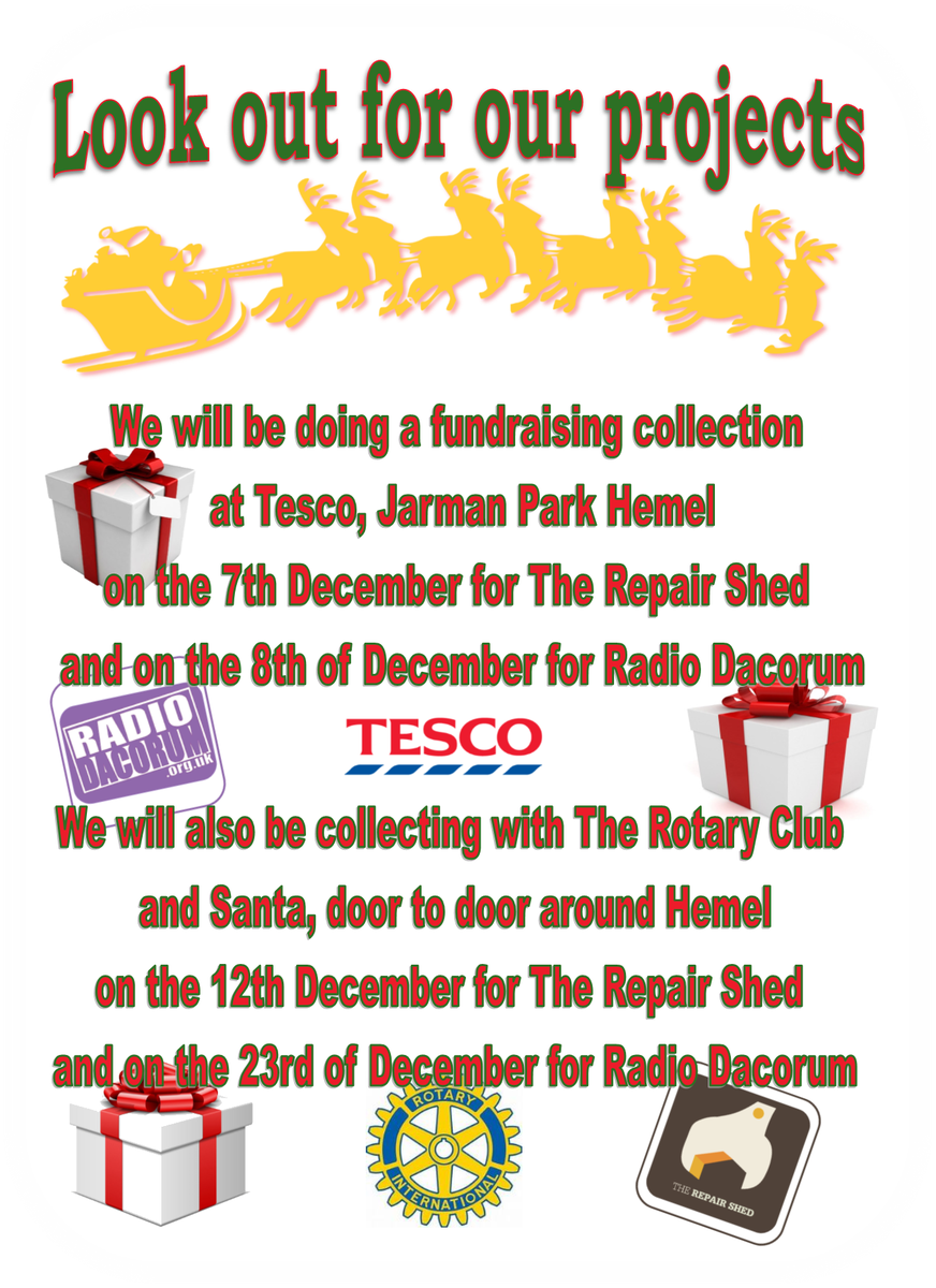 RepairShed's tweet photo. We will be doing a fundraiser
at Tesco, Jarman Park Hemel 7th Dec for @RepairShed 
&amp; on the 8th of Dec for @RadioDacorum  Also with The Rotary Club
&amp; Santa, door to door around Hemel 12th Dec for @RepairShed  
&amp; the 23rd of December for @RadioDacorum  
https://t.co/O6lEMebyNc https://t.co/sQ1vEjcnbO