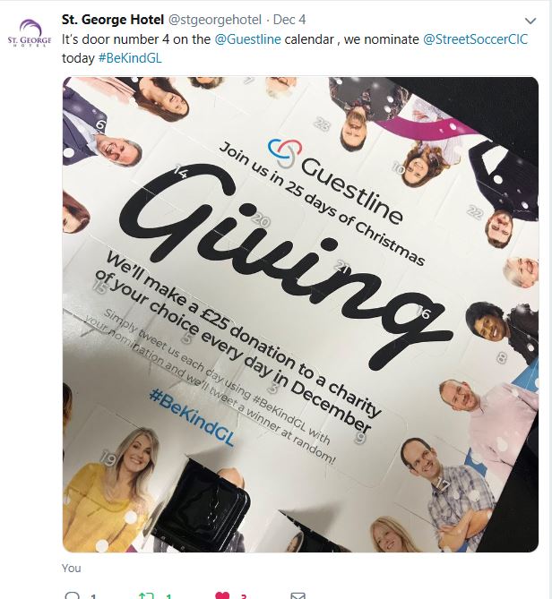 Guestline's tweet photo. Day 4's #BeKindGL donation goes to @StreetSoccerCIC , an amazing group helping young people off the streets through soccer on behalf of @stgeorgehotel
#TeamGuestline https://t.co/0hd1i8PGvO