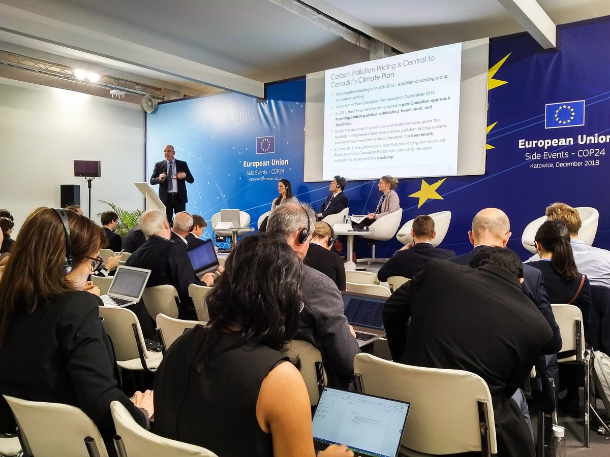 HingmanLeung's tweet photo. Here is #Canada's #MattJones at the EU Pavilion at #COP24 talking about the #PanCanadianFramework and #carbonpricing, alongside colleagues from the European Commission and China. https://t.co/ifFrb7Pwn6