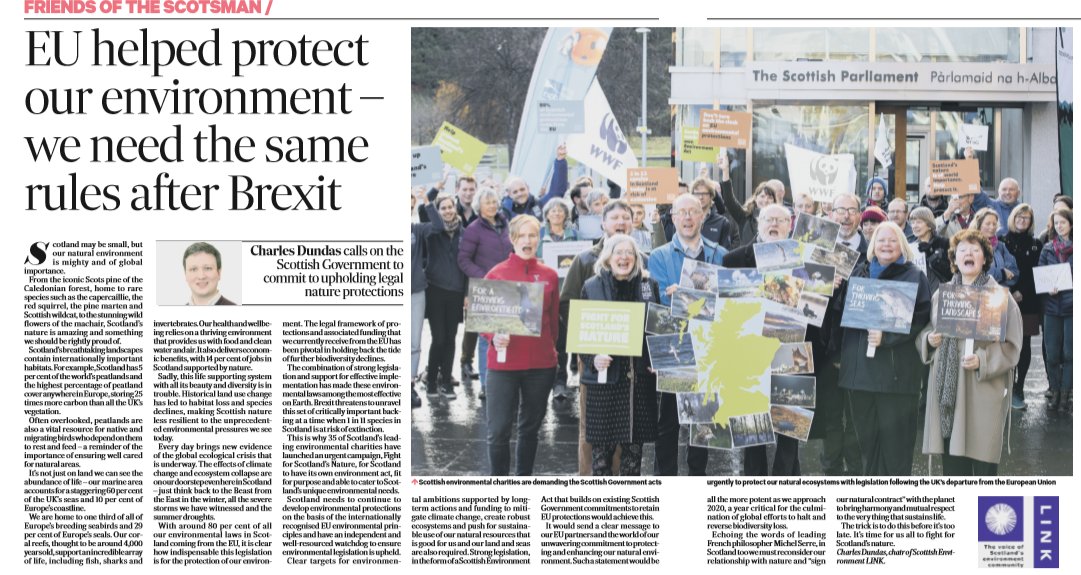 ScotLINK's tweet photo. Grab a copy of @TheScotsman & read a bit more about our campaign to #FightforScotlandsNature! If & when #Brexit happens, we need strong laws to uphold existing protections & enhance Scotland's natural #environment. We must get it right for our environment to safeguard our future. https://t.co/HIbXakhdF8