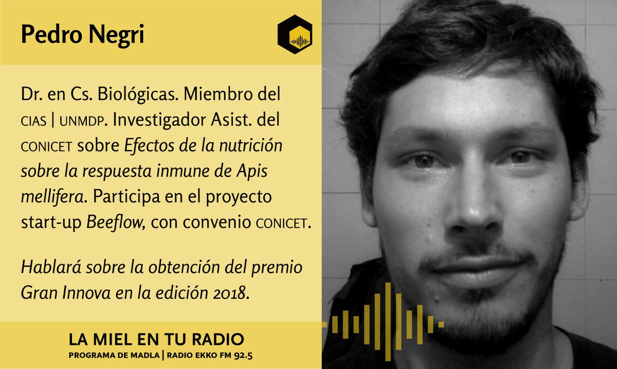 LaMielEnTuRadio's tweet photo. El 8/12 en la entrevista @LaMielEnTuRadio conversaremos con #PedroNegri sobre haber recibido el #PremioInnova2018 por sus trabajos de investigación @CONICETDialoga @biomaggi #cias @unmdp @UBAonline @RadioUBA @INTAProapi @intaargentina @REDLACaf @beachaval @AgroindustriaBA https://t.co/HY3x0mvGpW