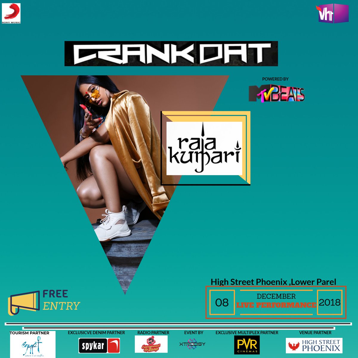 vh1india's tweet photo. #Mumbai get ready to #CrankDat with the queen of Hip-Hop - @TheRajaKumari at @gophoenixing mall, Lower Parel, Mumbai on 8th December 2018
#Vh1India #RajaKumari #HipHop #highstreetphoenix #gophoenixing #spykar #denimsideeup #crankdatmumbai #sonymusic #GetWithIt https://t.co/4dNsO5ORaL
