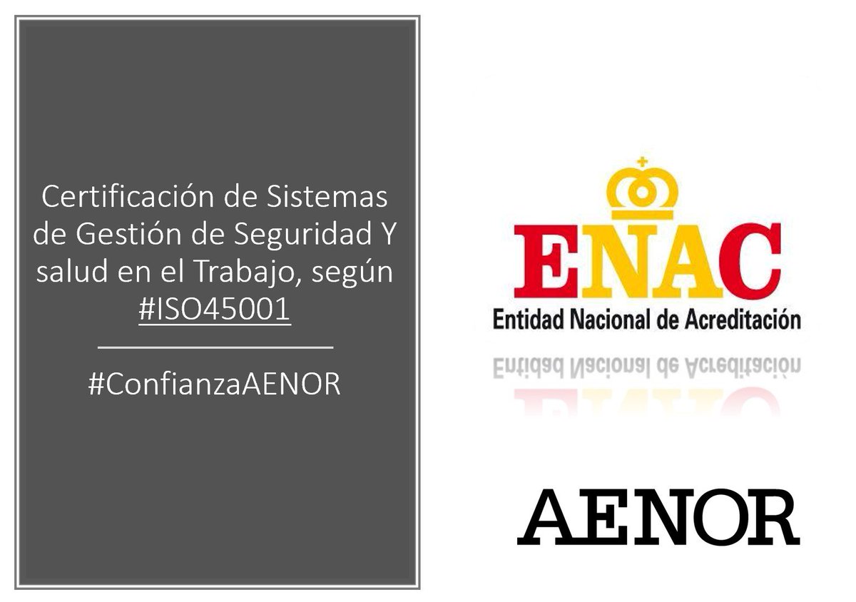 AENOR's tweet photo. @AENOR ha sido acreditado por la Entidad Nacional de Acreditación @ENAC_acredita para la certificación de Sistemas de Gestión de Seguridad Y salud en el Trabajo, según #ISO45001 #ConfianzaAENOR https://t.co/PkLIKgsd6m https://t.co/diQacv1eWs