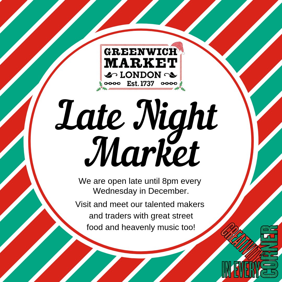 greenwichmkt's tweet photo. Our first late night market is tonight! 🌟 Every Wednesday up to Christmas we will be open until 8pm, making even more opportunities to pick up some wonderful, unique, crafted gifts for your loved ones this Christmas 🎄 #creativityineverycorner https://t.co/Adn30CiQs0