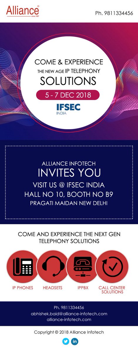 EvoipstoreC's tweet photo. Alliance Infotech Invites you at IFSEC India
Visit us @ IFSEC India , Dec 5-7 , 2018, 
Hall # 10, Booth B-9. Pragati Maidan, New Delhi
#allianceinfotech #IFSECindia #telephonysolutions #IPtelephony #evoip #voipsolutions #ipphonesystem #voipproviders
#voipsolutionprovider https://t.co/5bodPUEf4k