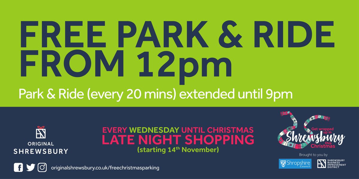 OriginalShrews's tweet photo. Park and ride is FREE from 12pm today for late night Christmas shopping! And Don't forget to look out for our Christmas Card photo frame in the Square https://t.co/GaZ5RHhiPQ