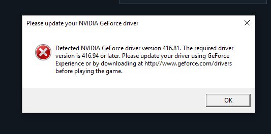 Update includepath. Battlefield 5 please update your NVIDIA GEFORCE Driver 416.94. The installed Version of the NVIDIA Graphics Driver has known Issues please update.