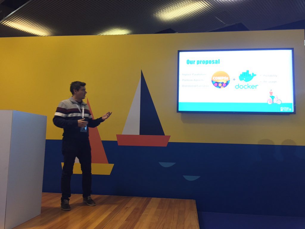 rosabadia's tweet photo. Jorge Ejarque presenting COMPSs @bsc_compss integration with docker at #dockercon18 @BSC_CNS https://t.co/fQVBw4bPwR