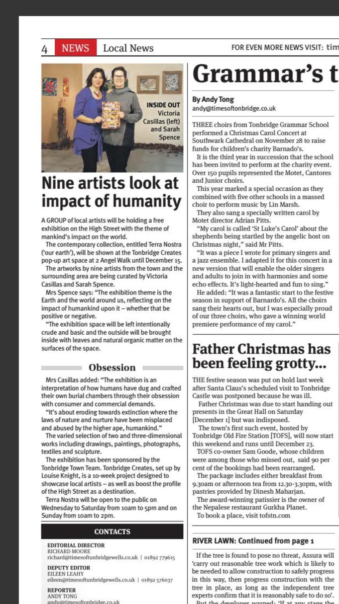 SarahVSpence's tweet photo. Great piece in the @timeslocalnews #Tonbridge thank you @Tongsbridge 
Exhibition runs from today to 15th December come to PV party this Friday 7th December from 5-8pm to meet the artists and have a glass of fizz! Everyone welcome. TY @TonbridgeCreate for hosting the show. https://t.co/lpuuoLLWkw