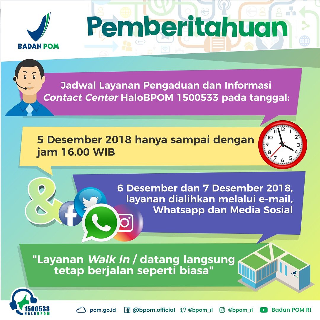 BPOM_RI's tweet photo. PEMBERITAHUAN 

Jadwal Layanan Pengaduan dan Informasi Contact Center HaloBPOM 1500533 pada tanggal 5-7 Desember 2018 

Selengkapnya di infografis berikut 

Jika #SahabatBPOM ingin menyampaikan informasi dan permasalahan terkait Obat dan Makanan silahkan hubungi @HaloBPOM1500533 https://t.co/0r5aQgmUhn