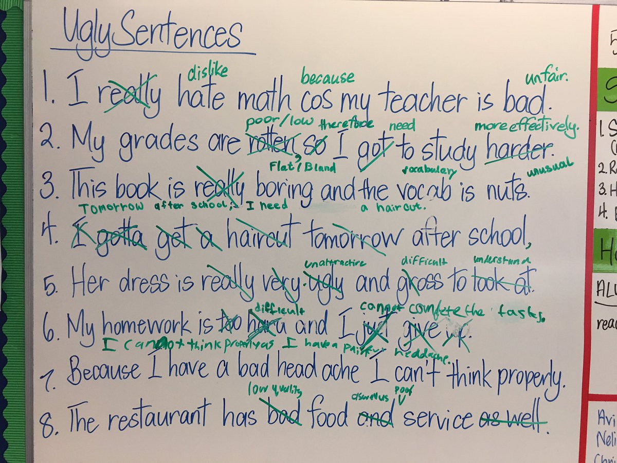 dmvelliaris's tweet photo. Today's ugly word replacement activity. @CognitaSchools @SAISrocks #grammar #amreading #amwriting #vocabulary #eal #TESOL #ESL #EFL #WordsMatter #Vocab #myp #LanguageLearning @TeachWriteEDU @teachbetterteam @TeachAndEnjoy @justeslenglish @Team_English1 #EnglishRoomTV #English 😊 https://t.co/AFEEiQdVfi