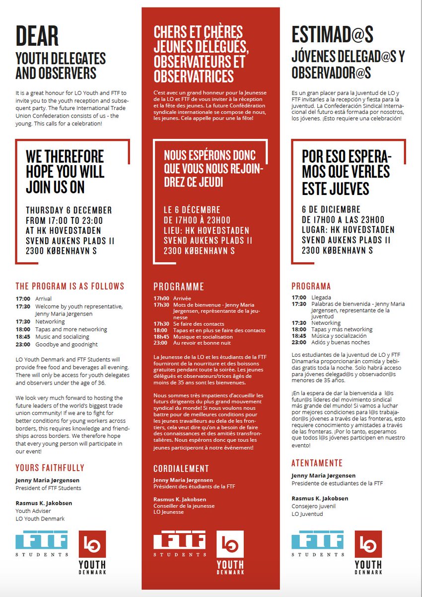 jennymariaj's tweet image. Dear all youth participants (under 35 years) at @ituc congress #ituc18. You are all invited to our youth gatering tomorrow from 5.30 PM by @ftf_dk students and @LO_Danmark Youth. See the description - and translation to Spanish and French at the pictures!