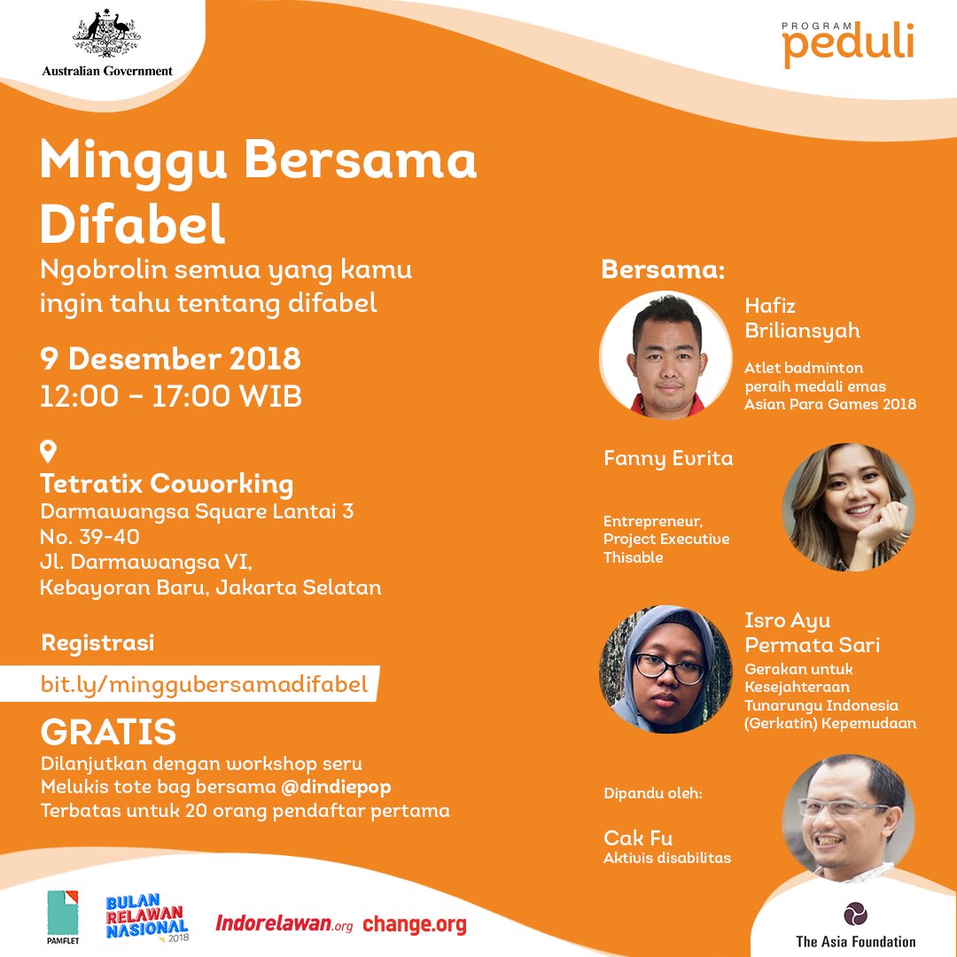 programpeduli's tweet image. Minggu Bersama Difabel, 9 Desember 2018
@_pamflet @Indorelawan @ChangeOrg_ID @cakfu @Brilian_syah @fannyfunn @IsroayuPS 🙋‍♀️🙋‍♂️

Segera daftarkan dirimu ya bit.ly/minggubersamad… GRATIS! 

#infoevent #eventgratis #infojakarta