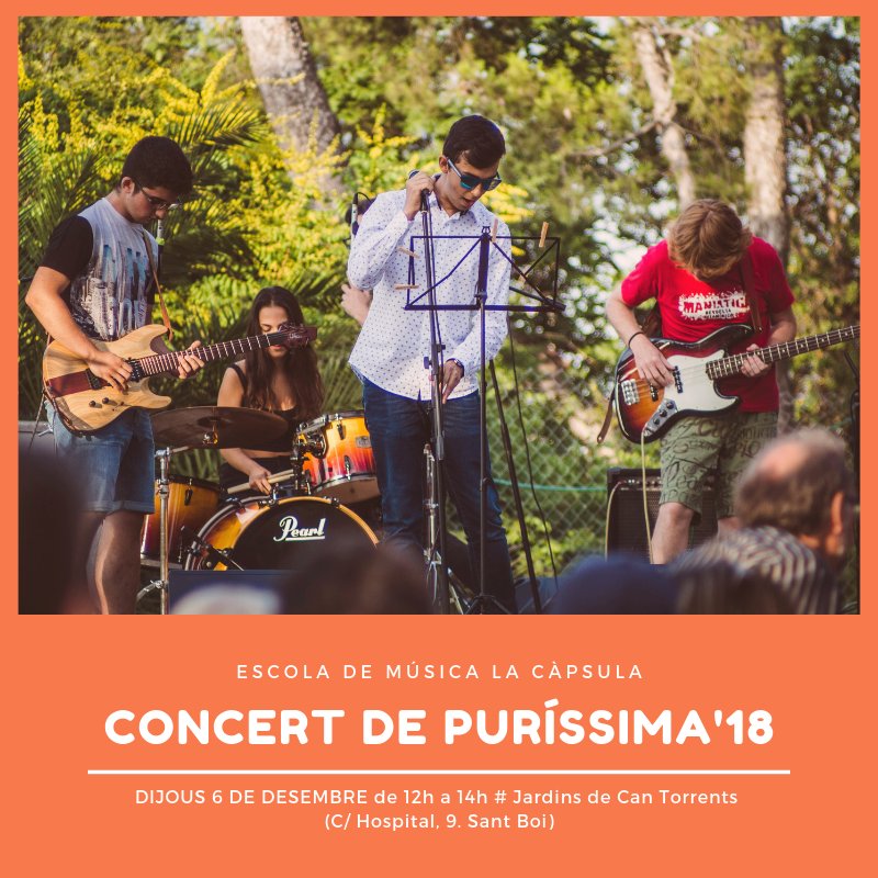 Demà, dintre de la programació de la <a href="/FiraPurissima/">Fira de la Puríssima</a>, concert de quatre dels combos de la nostra #EscolaDeMúsica. Esteu més que convidats/des!! 😎  🎤

🗓️   · 6/12, de 12h a 14h · Jardins de Can Torrents (#SantBoi de Ll.)

+ info: lacapsuladeltiempo.com/noticias/conce…