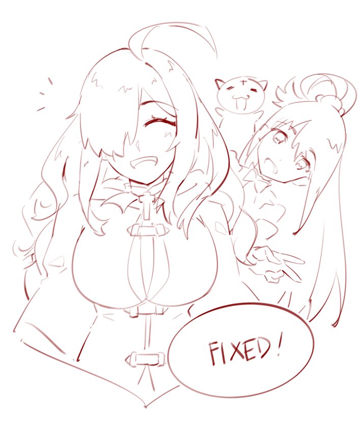 The screen glitch was caused by a loose cable. I might have damaged the cable though lol And it was my new mouse driver that conflicted with wacom's drivers. Mildly annoyed but drawing is more important.
At least it's fixed now; such is a relief. Doodled this to test things out~