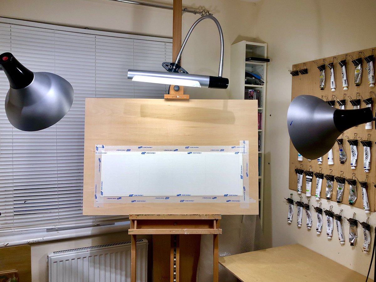 AliceHole's tweet photo. Starting a new drawing today 😊 It’s so dark today that I’ve got all 3 of my daylight lamps pointing at it! 😄 💡 
#daylightlights #studio #artiststudio #artist #drawingboard https://t.co/izihWj90AI