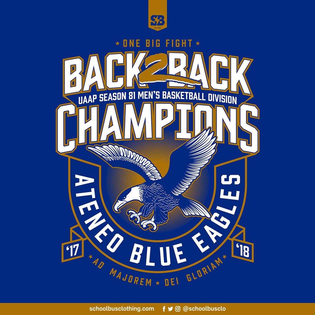 SchoolBusClo's tweet photo. Congratulations to the Back2Back UAAP Men's Basketball Division Champions – Ateneo Blue Eagles!

Grab your SBC champ shirt at the Ateneo LS Bookstore. Also available online.

Await our champ shirt giveaway promo!

#OneBigFight  #OBF  #BEBOB
#UAAPFinals  #UAAPSeason81Finals https://t.co/I5l4SX0QgP