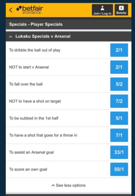 techblog_zw's tweet photo. Lukaku betting specials VS Arsenal (Not a Joke)
1. To dribble the ball out of play    2/1
2. To fall over the ball                     5/2
3. To have a shot that goes for a throw in   7/1
4. To assist an arsenal goal            33/1 https://t.co/AbpY3CgCAl