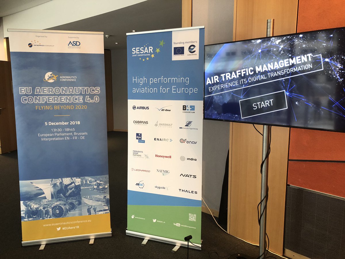 SESAR_JU's tweet photo. Ready to demonstrate the digital transformation of aviation delivered through #SESAR at the EU Aeronautics Conference @Europarl_EN #EUAero18 @IndraCompany @ThalesAerospace @Dassault_OnAir @Airbus #EUAviationStrategy @Bulc_EU @Europarl_EN https://t.co/t7bg2p7E7R