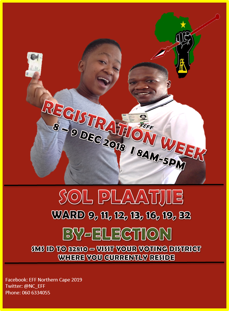 ObakengLechuti's tweet photo. Remember to register this weekend as 7 ward councilors from the anc are expelled. #Register_to_vote EFF in the coming by-election #Solplaatjie Local Municipality Frances Braad Region N.C
@Julius_S_Malema 
@MbuyiseniNdlozi 
@DSGmkhaliphi https://t.co/R0VENFHNg8