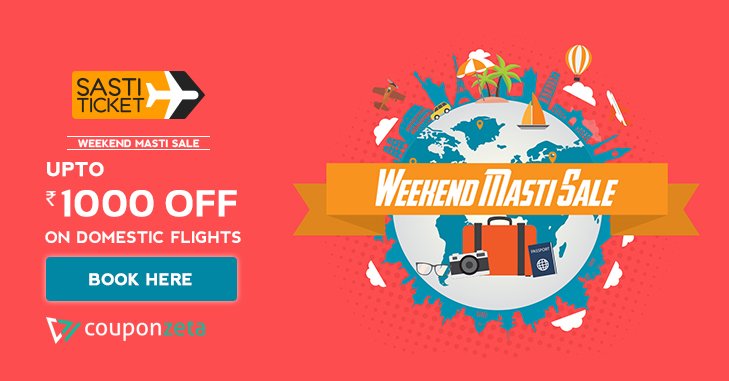 CouponZeta's tweet photo. Weekend Masti Sale: Get upto Rs 1000 off on domestic flights, Upto Rs 5000 off on international flights @Sastiticket
#Sastiticket #WeekendMastiSale #WeekendFlights #Couponzeta #Coupons #Offers
Book Here: https://t.co/eetjGuqJdE https://t.co/eAyfz1SMrK