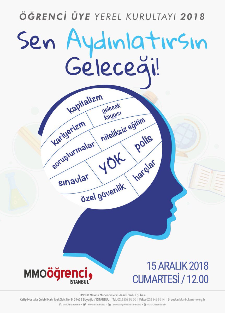 Sıralarında oturduğumuz üniversitelerde, yarın ise mezun olup meslek hayatımızda karşımıza çıkacak sorunları ve ülkemizin içinde bulunduğu durumu konuşmak üzere toplanıyoruz. 
15 Aralık 2018 saat: 12.00’da  MMO İstanbul Şube’de seni de bekliyoruz. 

 Sen Aydınlatırsın Geleceği!