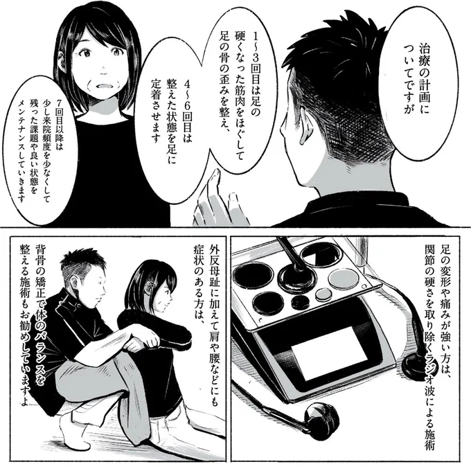 #マンガのおしごと 外反母趾の施術は、足の甲、足の裏、足の骨の間の筋肉をほぐしてから足の骨を矯正するんだそうです。描きながら勉強になりました。STEP！  その③ 