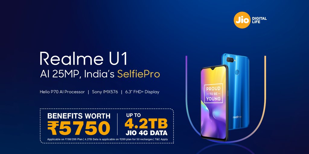reliancejio's tweet photo. Step up your selfie game with #RealmeU1, India’s Selfie Pro bundled with benefits worth ₹5750. For more details, visit https://t.co/eobxUHEd6l. @realmemobiles #IndiasSelfiePro https://t.co/HUe1X2zLNs