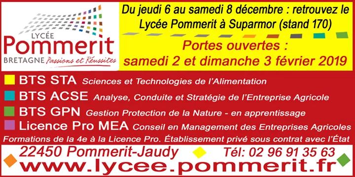 LyceePommerit's tweet photo. Du jeudi 6 au samedi 8 décembre 2018, le Lycée Pommerit est au salon Suparmor St-Brieuc (22). Venez découvrir nos BTS orientés vers l'agriculture, la nature et l'alimentation, ainsi qu'une licence pro #btsacse #btsgpn #btssta #licencepromea #agriculture #alimentation #nature https://t.co/VNevpBab3p